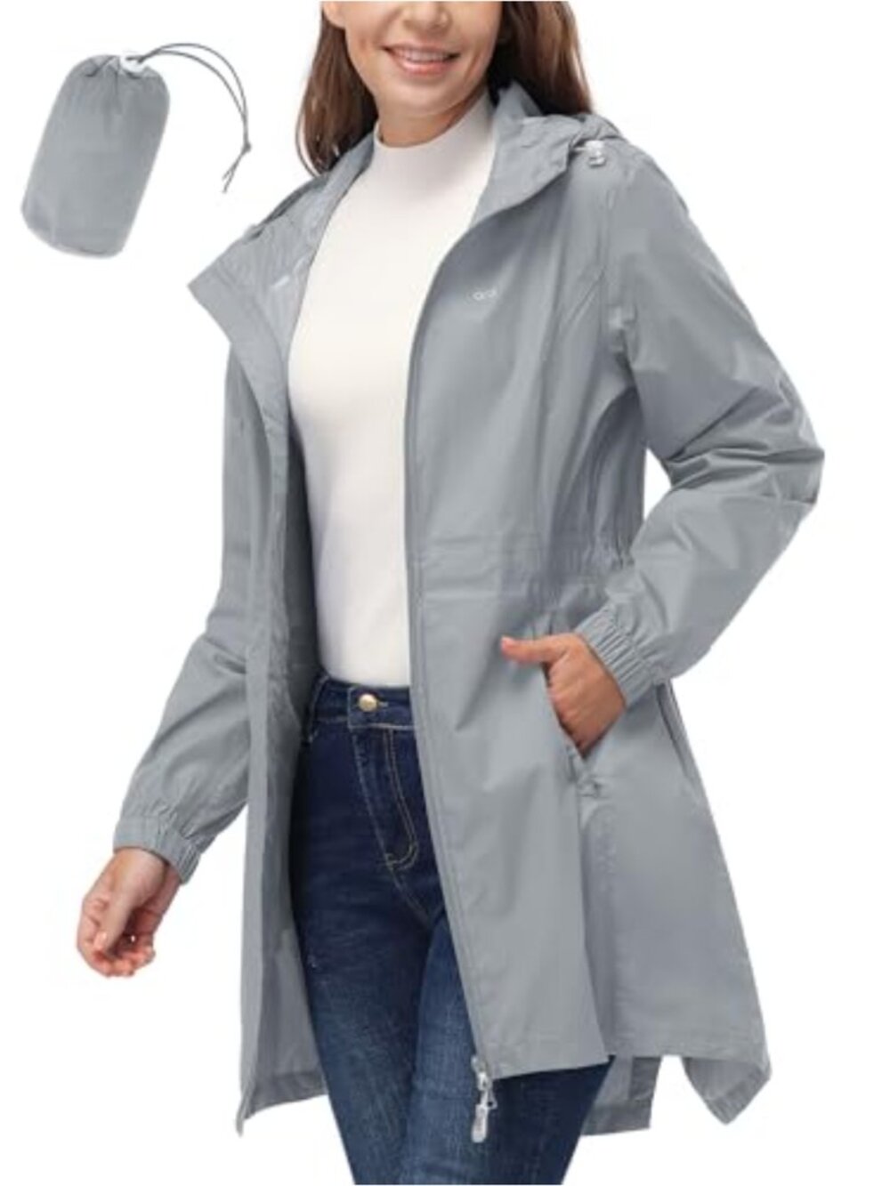 Waterproof Packable Long Rain Coat with Hood Lightweight Windbreaker